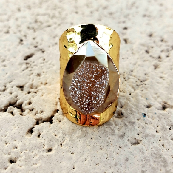 New Huge Titanium Window Druzy Adjustable Gold Ring. - Picture 2 of 16